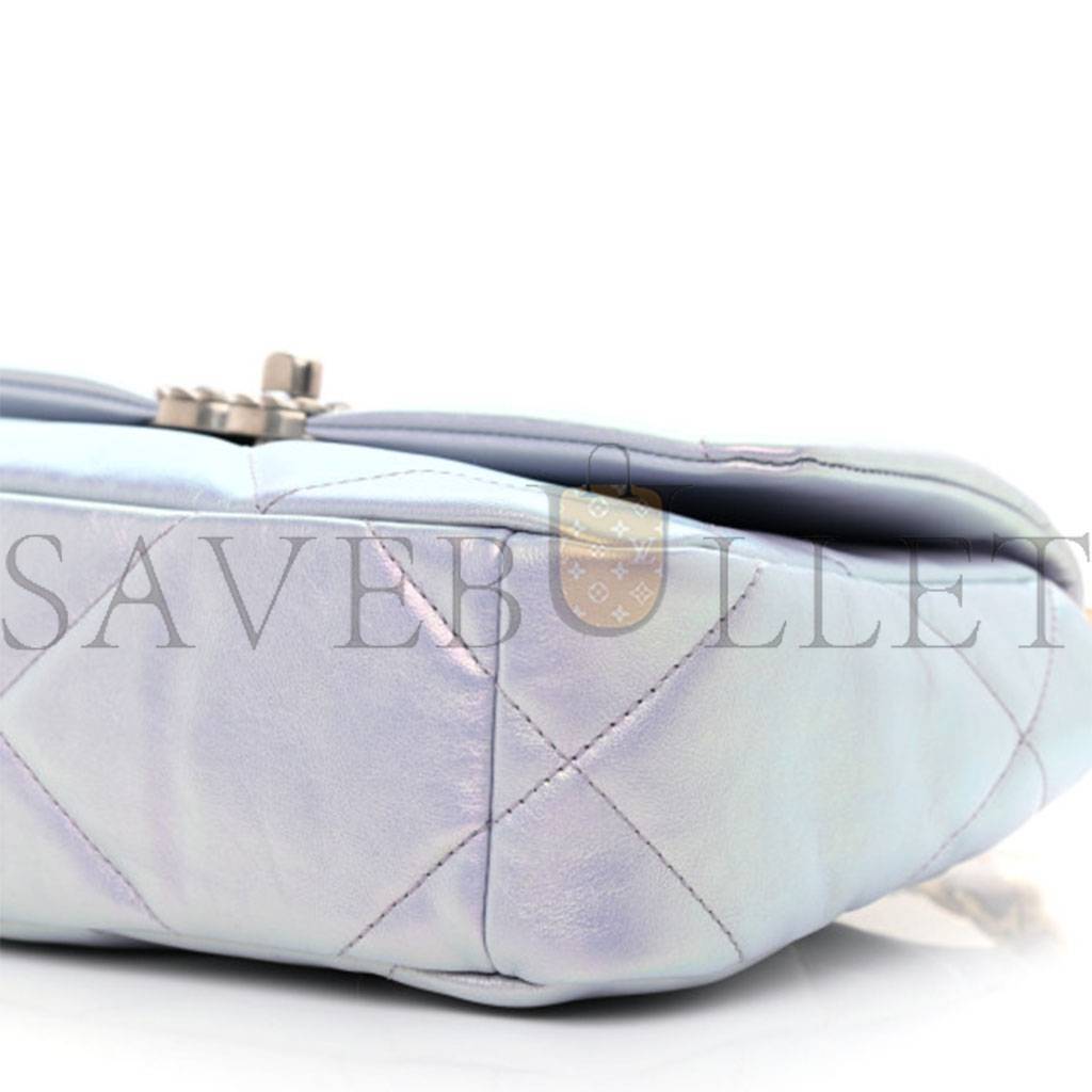 CHANEL IRIDESCENT CALFSKIN QUILTED MEDIUM CHANEL 19 FLAP LIGHT SILVER PURPLE BLUE AS1160  (26*17*8cm)